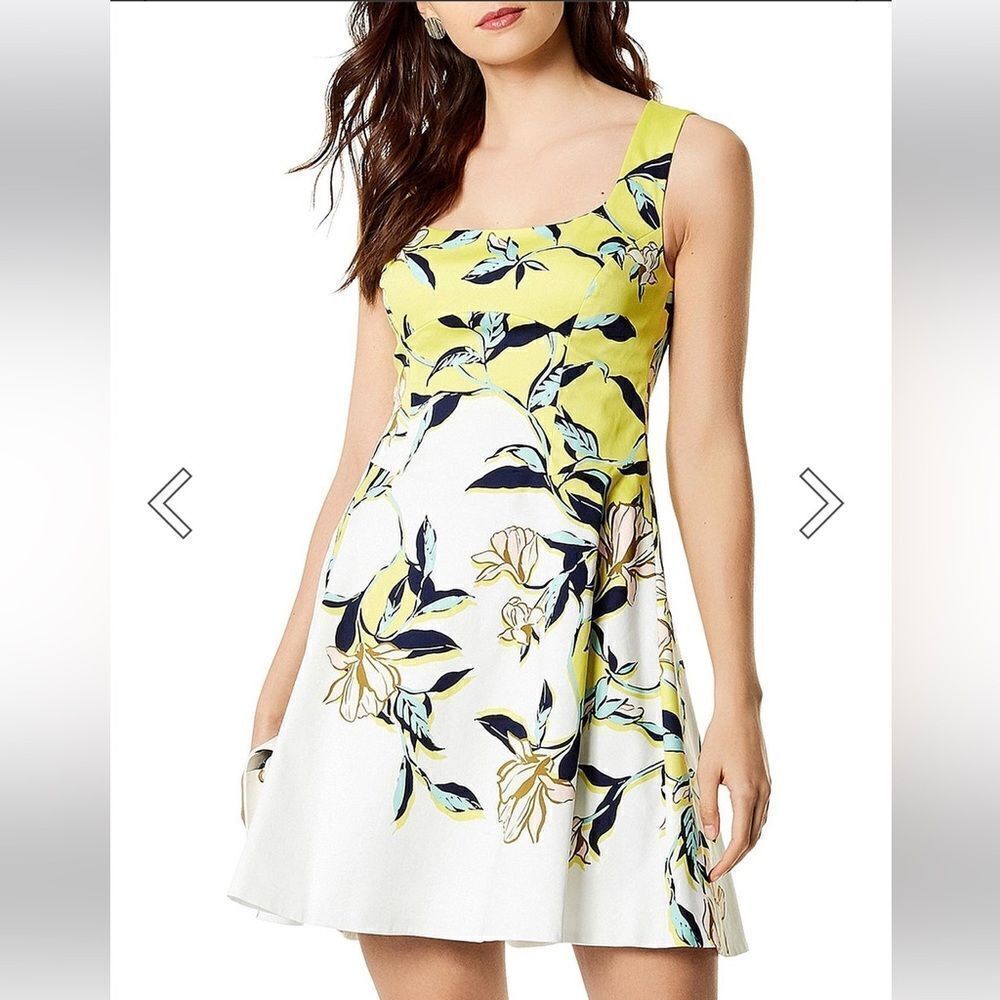 Karen Millen Dress Womens 10 White Yellow Floral Sleeveless Fit Flare Skater